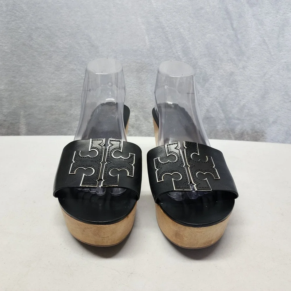Tory Burch Ines Sandals Womens Size 9.5 Black Leather Wooden Wedge Platform